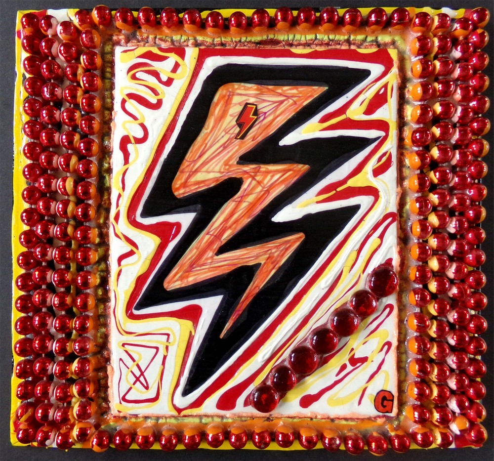 Red Lightning Zap! Mixed Media Acrylic Painting/Collage, Beads Books Gems Flash!