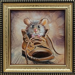Original oil painting signed framed 4×4 inches Mouse
