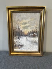 Antique Oil Winter Wood Framed. Frost Poem Stopping by Woods on a Snowy Evening?