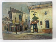 Vintage Oil Painting City Street UNION BAR Buenos Aires 12×16 MCM Mystery