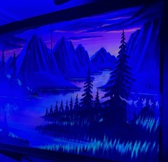 Vintage Black Velvet Painting Signed MCM Cross Mountains Lake Trees Framed Glows