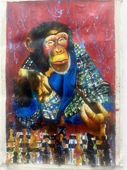 Beautiful Original Colombian Oil Hand Painting Monkey Playing Chess 1 Of A Kind