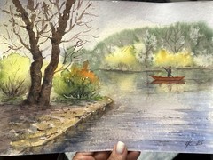 Original watercolor painting Sea scape sunset river a boat ride on the river