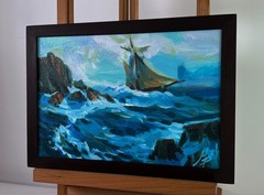 Acrylic Painting Ship Among The Rocks M. Patskan Unframed Original nAAA4839
