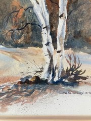 Joseph A Kennedy Watercolor Log Cabin Winter Landscape White Birch Tree Vtg 1978