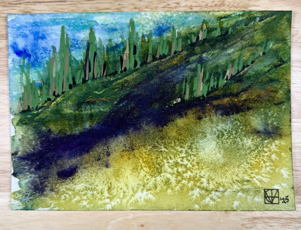 Painting by M. Hackney Abstract Landscape Watercolor & Acrylic, Signed, 5×7″ OO…