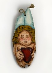 Vintage Hand Painted Wood Edge Lady With ❤️ Valentine Ornament Adorable