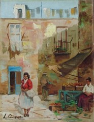 Vintage Italian Oil Painting, Village Street Market Scene South of Italy, Signed