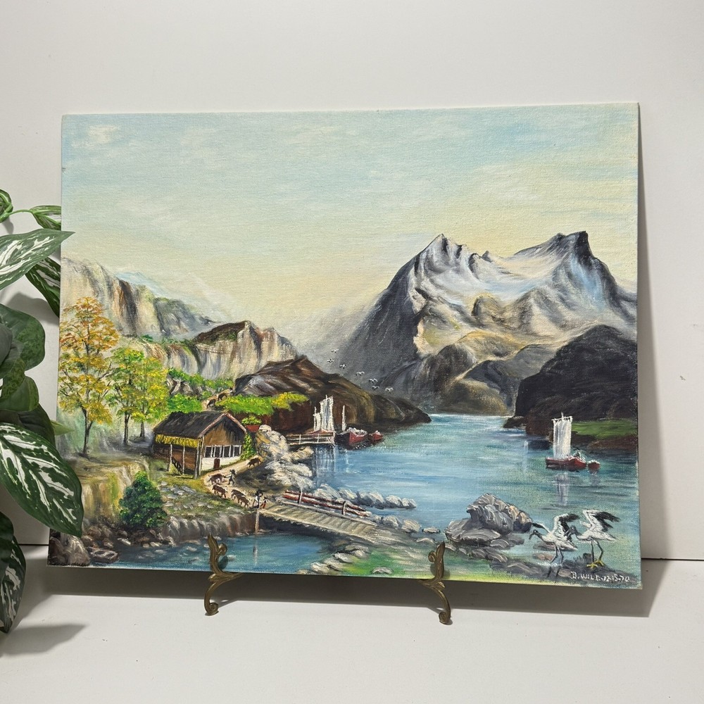 Vintage 1970 Hand Painted Landscape, Mountains And Lake In China, Signed B. Wild