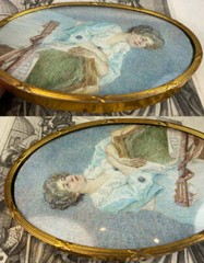 Antique c.1910 English Portrait Miniature, Woman, Guitar, 3/4 Pose, 24k Gold Plt