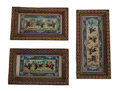 3 Vintage Persian Miniature Painting Khatam Marquetry Frame Hunting Chovgan Art