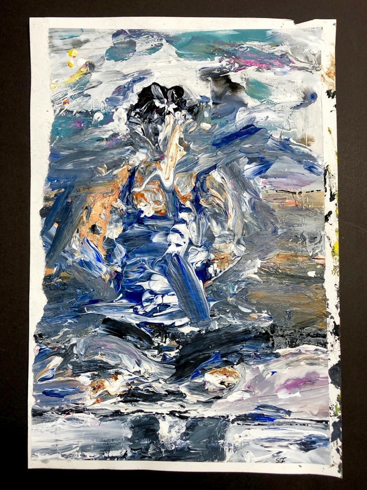 „Sitting“ Yoga Pose Woman Impressionist Blue Painting by Steven Tannenbaum