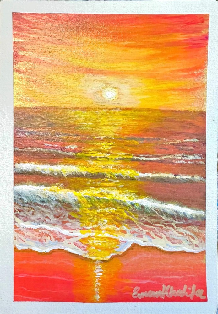 Sunrise Glory – Original Painting, Golden Hour Seascape, by Eman Khalifa | Conte
