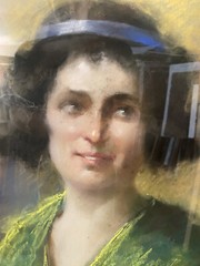 ::PASTEL WOMAN LADY WITH HEADBAND IN GREEN DRESS °ILLEGIBLE SIGNED FRAME