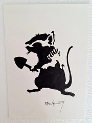 Banksy, Handmade Ink Drawing On Cardboard, Signed, Stamped A4