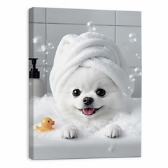 Cute White Puppy Bath Canvas Wall Art Funny Dog Bathroom Decor Kids Room Print