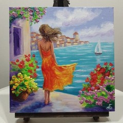 Original Oil Painting Woman Orange Dress Sea Breeze Floral Canvas Impressionist