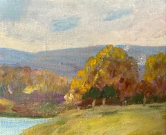 c1954 European Oil on Canvas Fall Landscape River, Stretcher 18″ x 15″