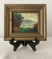 Sm Vtg Painting Sailboats Landscape 7.5 X 6.5 in