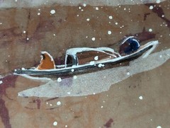 Vtg Japanese Painting Marked Z Sui 85 N.Y. w Signature Woman Child Girl in Boat