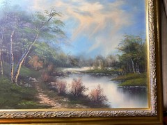 „River And Forest Landscape Scene“ Oil On Canvas Painting – Framed