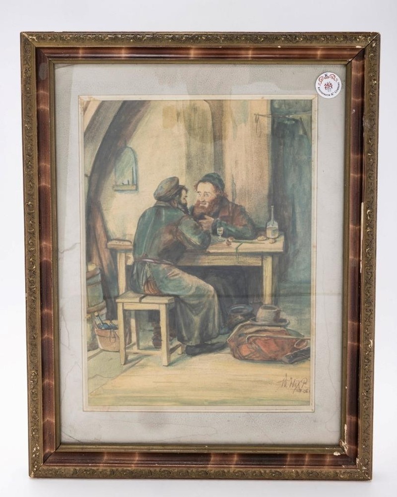 A POLISH WATERCOLOR PAINTING OF TWO JEWISH PEDDLERS IN AN INN c. 1930