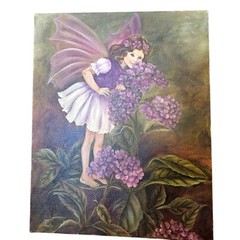 Heliotrope Fairy Canvas Painting Signed Purple Hydrangeas Floral Garden Mystical