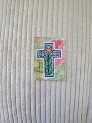 ORIGINAL ACEO Folk Art Painting Cross Jesus Flower Collage Gold Glitter Christ