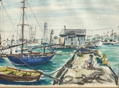 Harbor Scene Boats California Landscape Watercolor Painting by Nevalda Bartolini