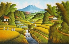 A Majestic Oil Painting of Serene Rice Fields and Majestic Mountain Backdrop
