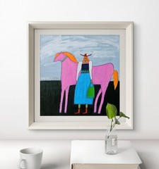 Folk Painting Original Woman Horse Portrait Canvas Outsider Whimsical 10×10 Art
