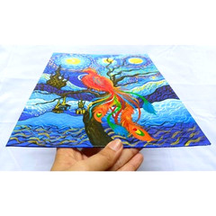 Phoenix Bird Starry Night UV Radiant & Acrylic Painting 8.5×11 Canvas Art NEW