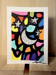 Original ACEO Acrylic Marker Abstract Art Card Handmade Signed – Moon and Stars