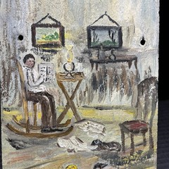 Vtg Painting On Slate Signed Dad Son & Dog Wall Hanging Primitive Decor 12 x 6″