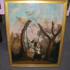 ANTIQUE PERSIAN OR MUGHAL PERIOD OIL PAINTING WITH PLAYFUL CHILDREN 33 1/2 X 26″