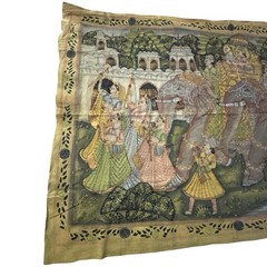 Vintage Antique Indian Mural Painting Cloth Linen Silk Royal Procession Elephant