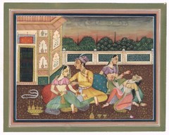 Indian Harem Art Painting Of Mughal Prince With Women On Terrace 8.5×6.5 Inches