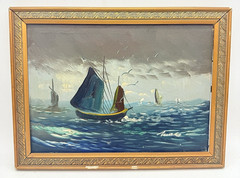 Vtg Signed Nautical Seascape Oil Painting Framed Sailboats Stormy Sea Art
