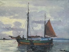 Impressionist Johan Kock 1869-1944 Evening Sea with Fishing Boat Oil Painting