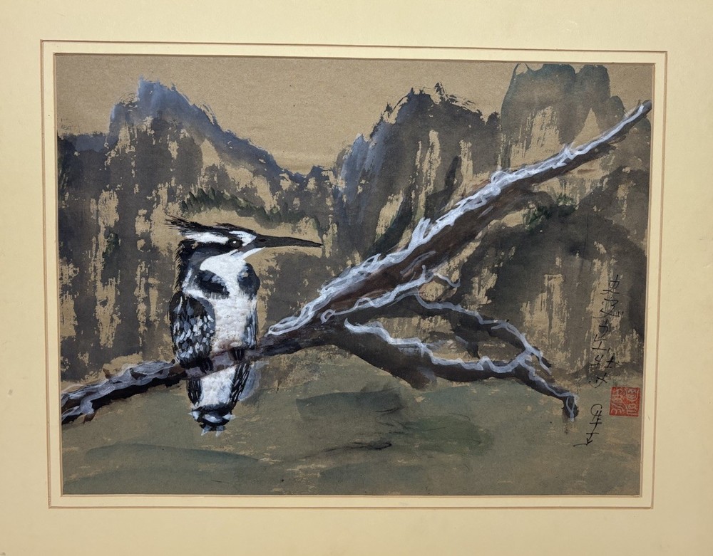 Vintage Original Asian Style Pied Kingfisher Ink Watercolor Painting Signed
