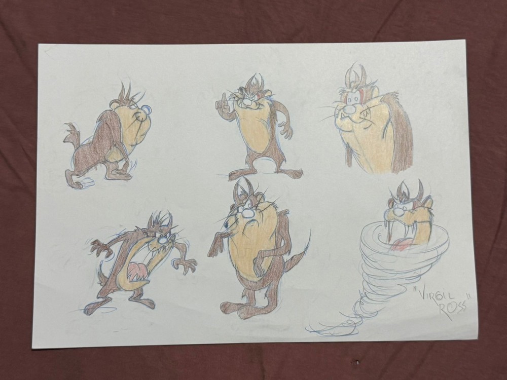 VIRGIL ROSS drawing and painting on old paper signed stamped vintage