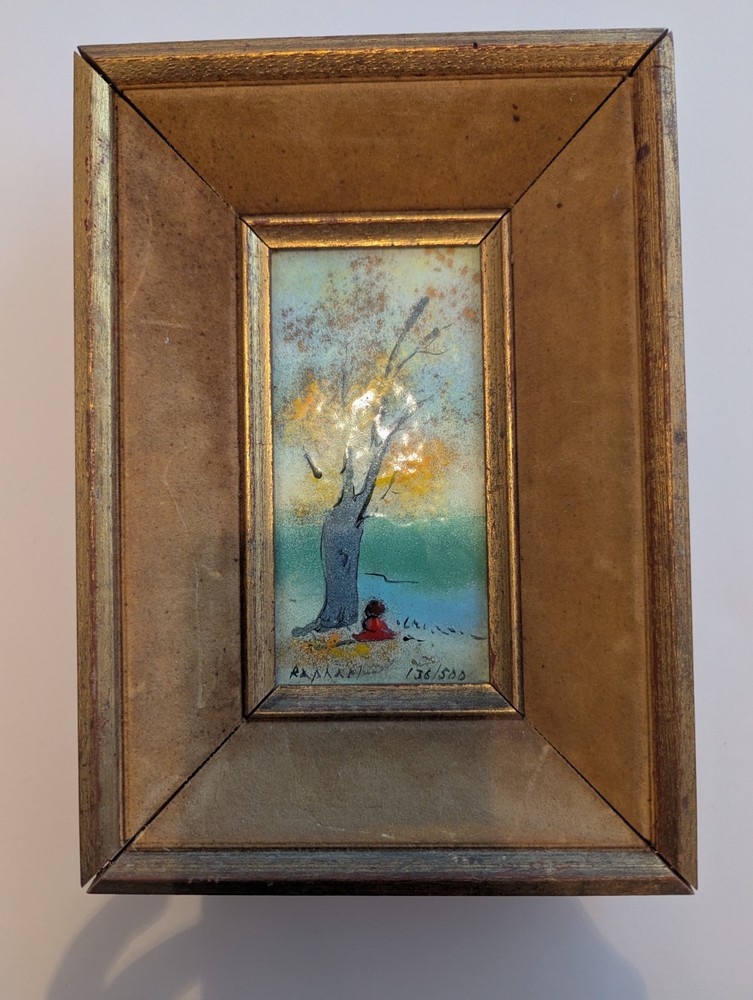 VTG Academy Arts Enamel on Copper Painting by Raphael Esterida Child Tree Art