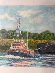 Large John Hutchinson (b1934) „Tug Boat Scene“ Watercolor Painting-Signed/Framed