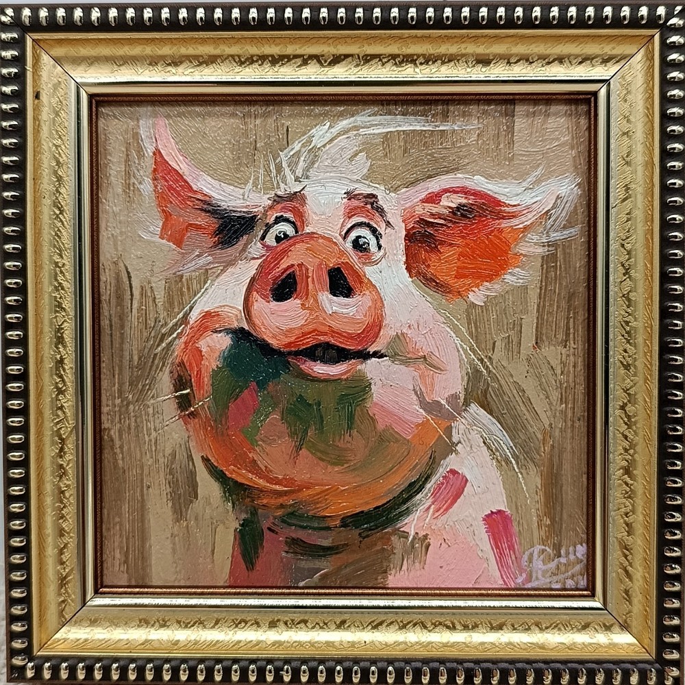 Pig Oil Painting Original Signed Framed Art Mini Animal Artwork 4×4