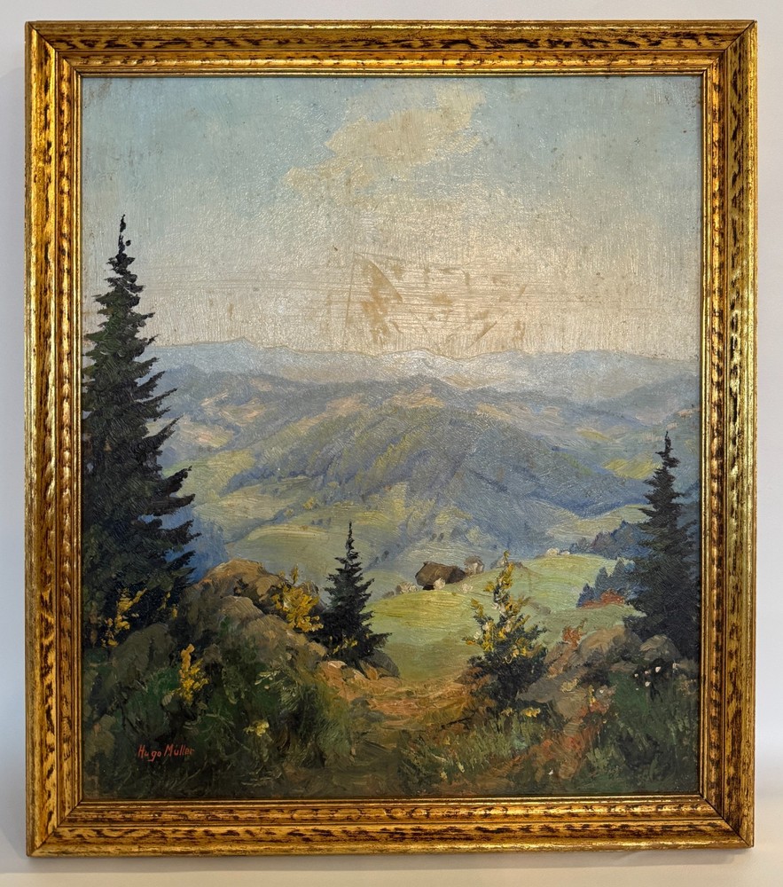 Older Signed Hugo Müller Oil Painting European Landscape on Board Framed