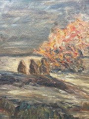 Impressionist Evening Landscape Campfire on Beach Saint Hans Midsummer Night