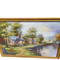 Cottage On The Lake Original Oil Painting Framed 38.5x27in C Jaffey?
