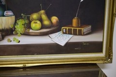 STILL LIFE PAINTING W/ Fruit, Wine, Candle, Books OIL on CANVAS, Signed 54×30!