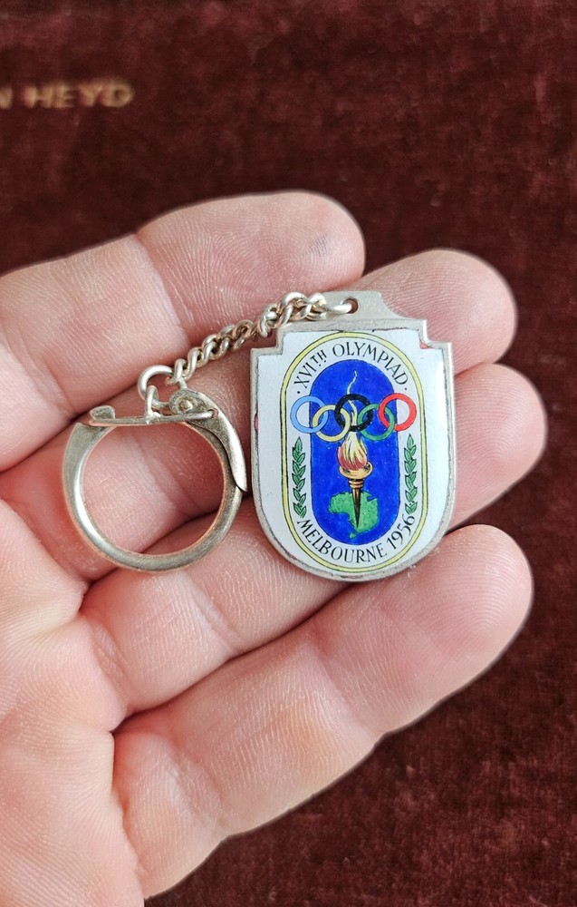 VINTAGE HAND MADE ENAMEL KEYCHAIN # OLYMPIC GAMES MELBOURNE AUSTRALIA 1956