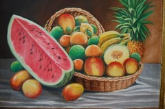 VTG FRAMED SIGNED ORIGINAL OIL TROPICAL FRUITS WITH BASKET ARTIST: ALFREDO REYES